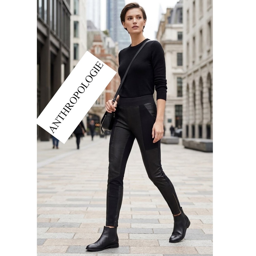 Anthropologie Anthropo Duo Mixed Media Faux Leather Suede Moto Leggings Black 26